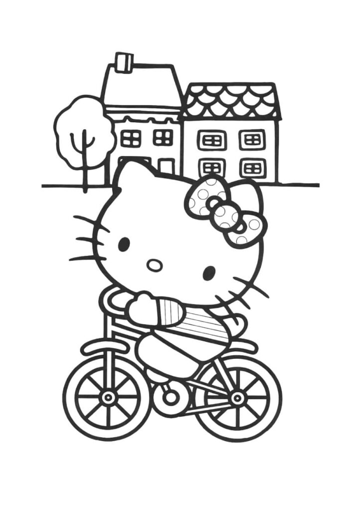 Coloriage Hello Kitty pédalant sur un vélo à deux roues dans une rue, avec deux maisons et un arbre en arrière-plan, dessin à colorier pour enfants