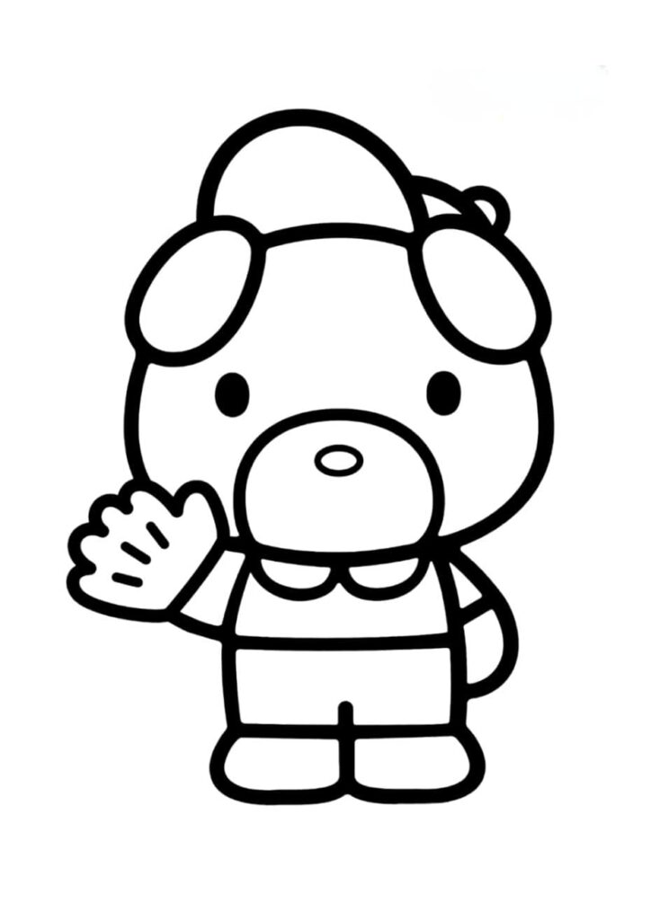 Coloriage Jodie, le petit chien de l'univers Hello Kitty Sanrio, portant une casquette et un gant, debout et souriant, dessin à colorier pour enfants