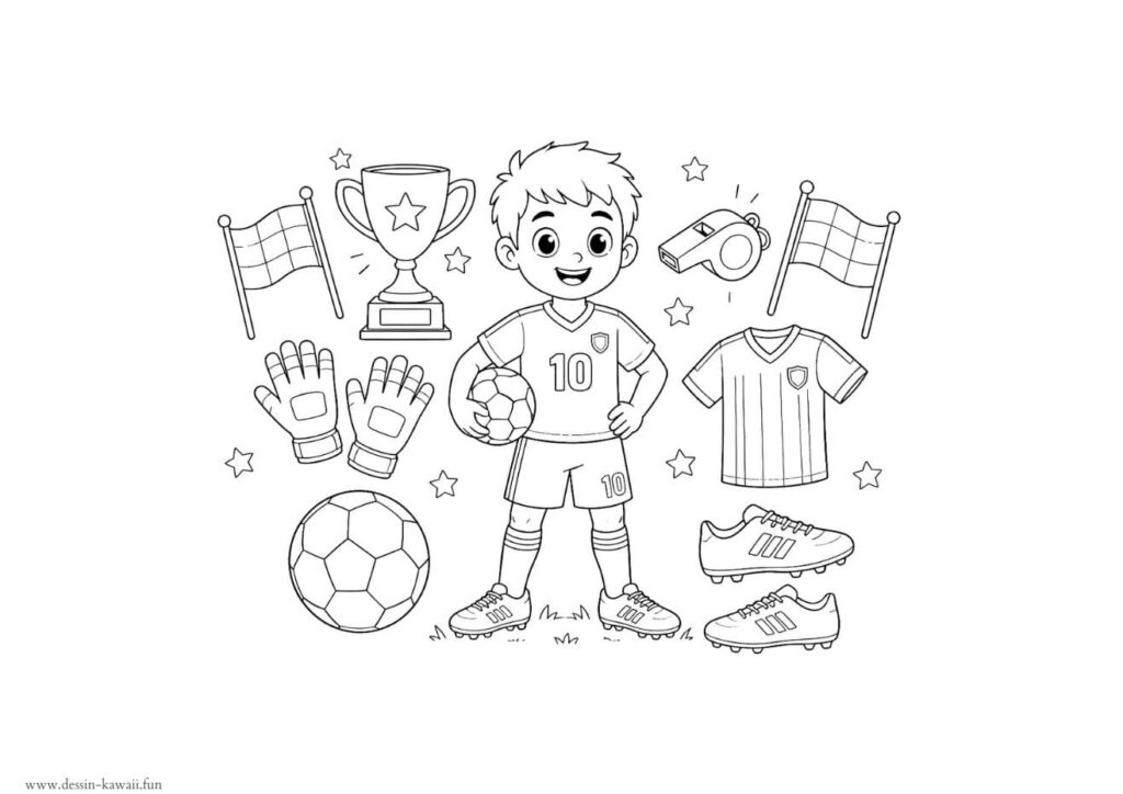 Coloriage d'un garçon footballeur numéro 10 tenant un ballon, entouré d'équipements de football : coupe, gants de gardien, maillot, chaussures de foot et drapeaux