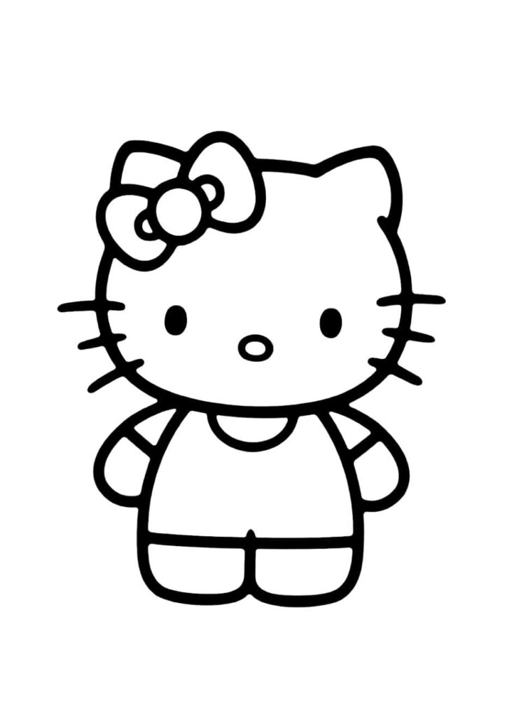 Coloriage Mimmy, la sœur jumelle de Hello Kitty, debout de face avec son nœud caractéristique sur l'oreille droite, dessin simple à colorier pour enfants