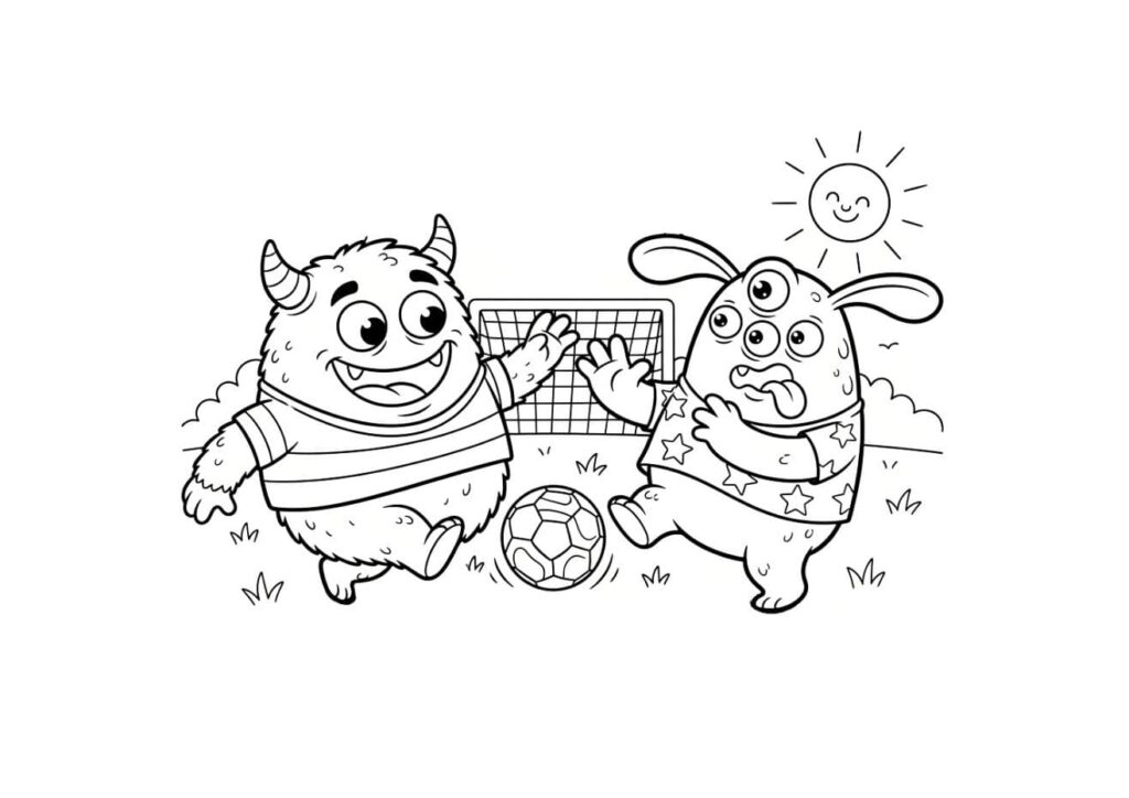 Coloriage kawaii d'un monstre poilu à cornes portant un maillot rayé et d'un lapin à trois yeux en pyjama étoilé qui se disputent un ballon de football devant un but, soleil souriant dans le ciel en arrière-plan
