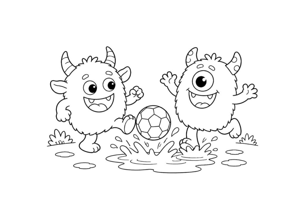 Coloriage rigolo de deux petits monstres kawaii poilus avec des cornes qui s'amusent à jouer au football dans des flaques d'eau avec des éclaboussures, l'un à deux yeux et l'autre à un seul œil