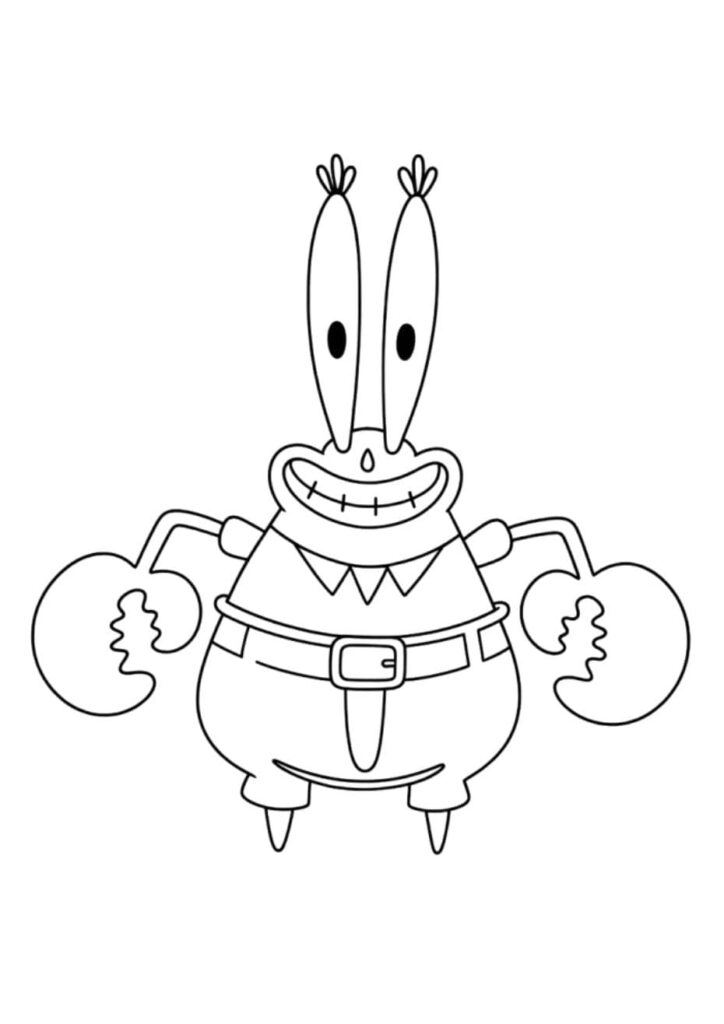 Coloriage de Monsieur Krabs, le crabe patron du Crabe Croustillant dans Bob l'éponge, souriant avec ses deux grandes pinces écartées