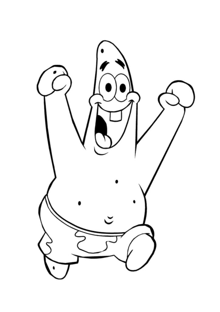 Coloriage de Patrick l'étoile de mer de Bob l'éponge, bras levés en l'air, bouche grande ouverte avec expression de joie intense