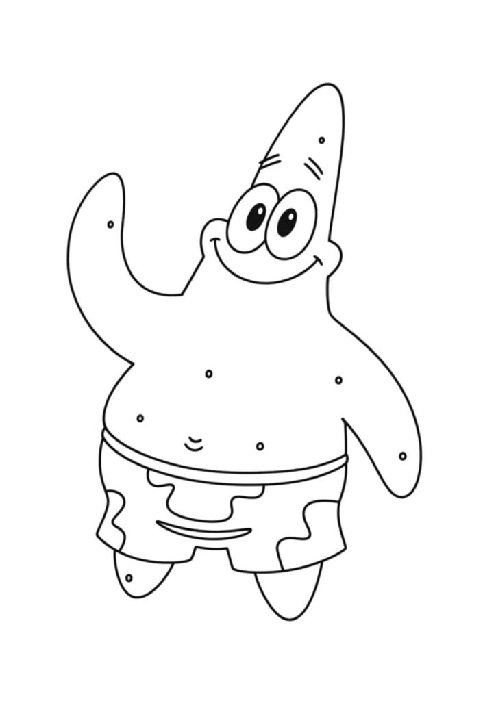 Coloriage de Patrick l'étoile de mer de Bob l'éponge, souriant avec un bras levé et son short à fleurs, à colorier