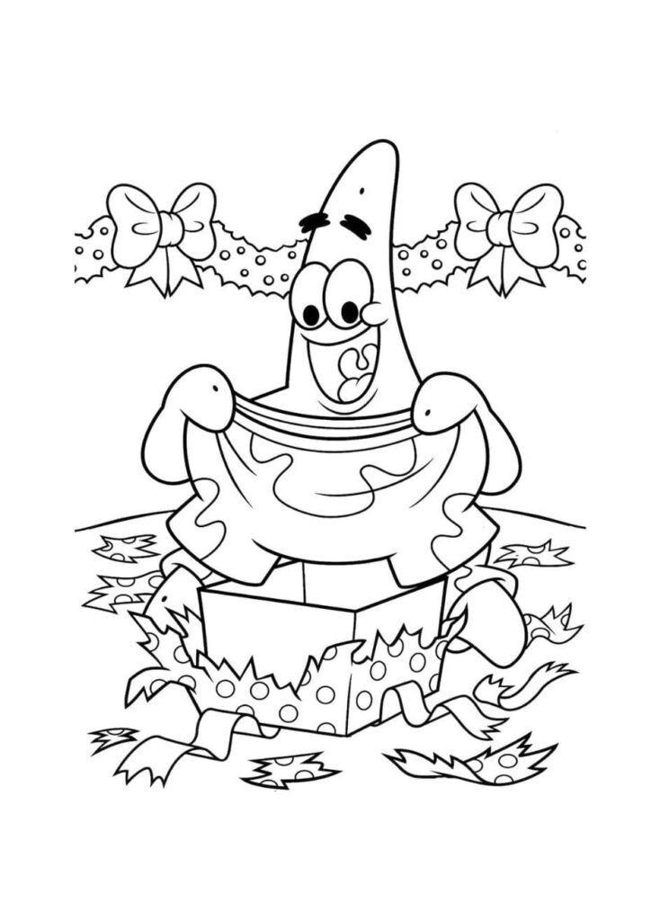 Coloriage Patrick Noël à imprimer gratuitement – Patrick déballe ces cadeaux de Noël, une scène de Noël touchante à colorier pour les enfants de primaire qui aiment ce personnage