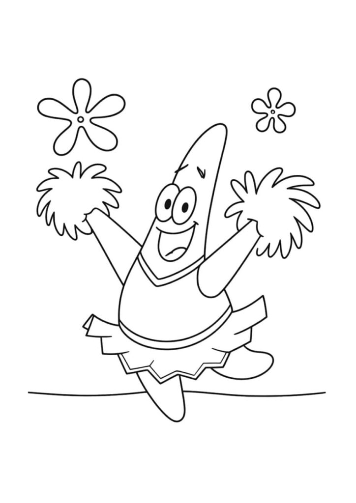Coloriage de Patrick l'étoile de mer habillé en cheerleader avec jupe et pompons, sautant joyeusement sur fond de fleurs