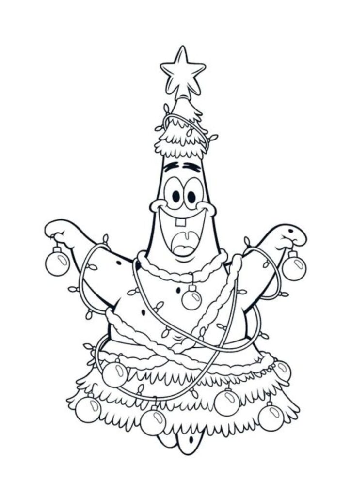 Coloriage de Patrick l'étoile de mer déguisé en sapin de Noël avec guirlandes lumineuses, boules et étoile au sommet