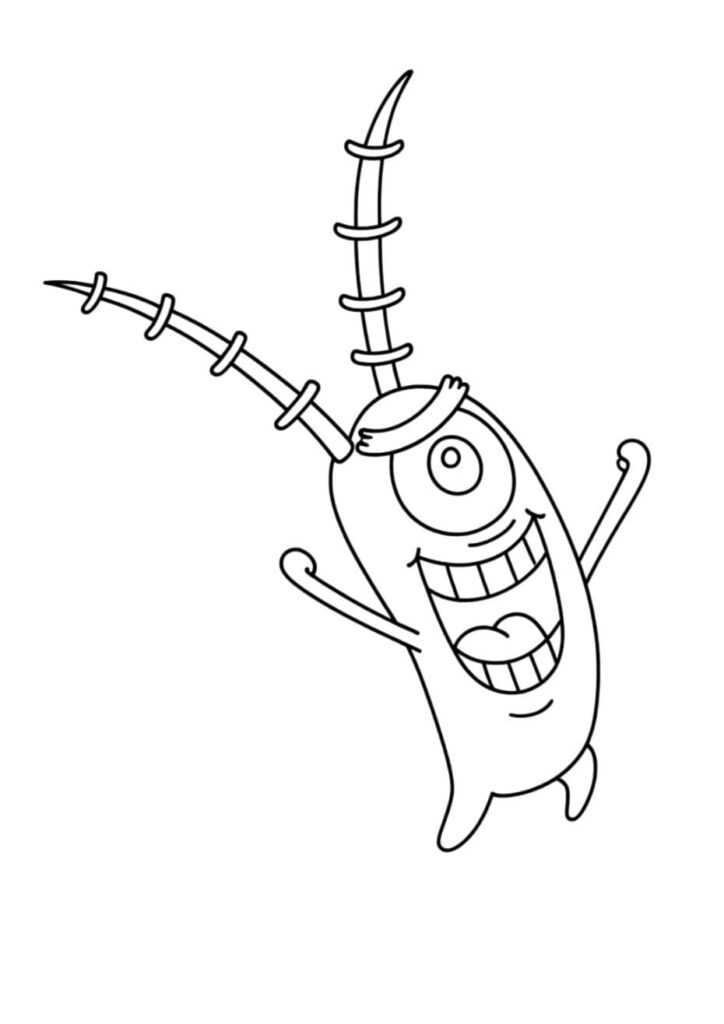 Coloriage de Plankton, le minuscule antagoniste de Bob l'éponge, souriant malicieusement avec son antenne et ses petits bras levés