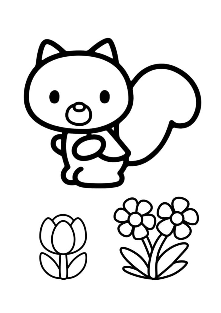Coloriage Rory le petit écureuil Sanrio avec sa grande queue dressée, entouré d'une tulipe et d'un bouquet de fleurs, dessin à colorier pour enfants