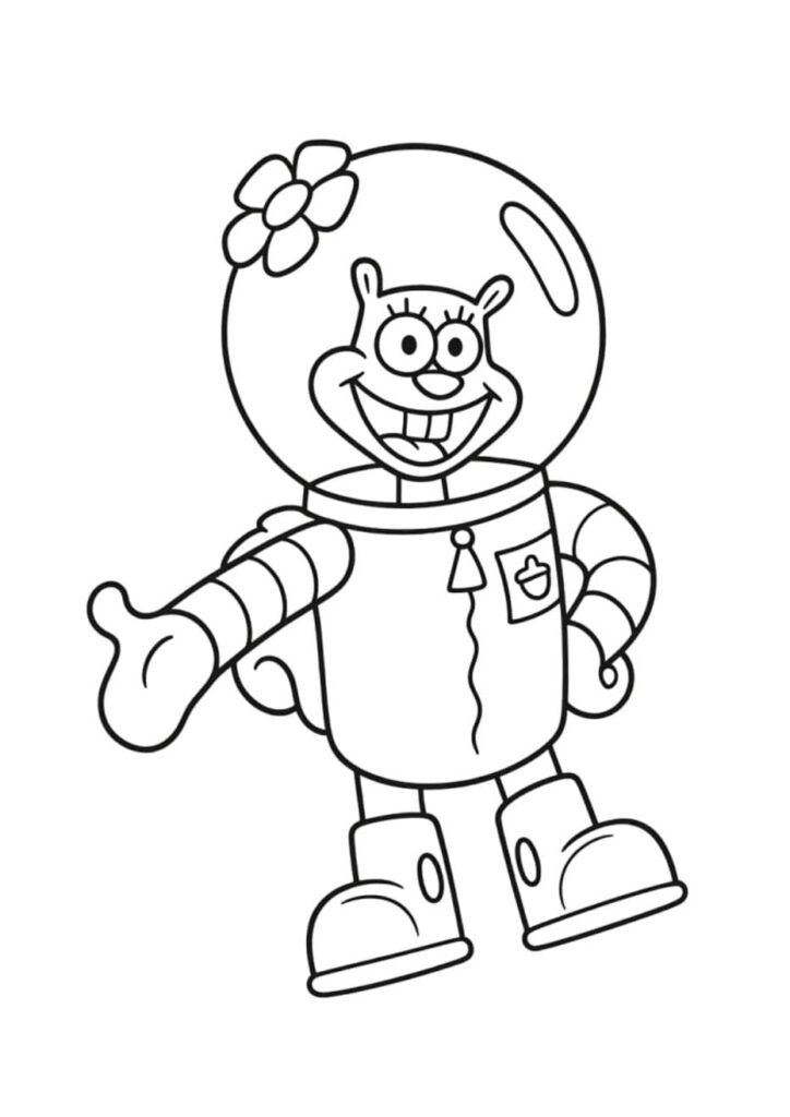 Coloriage de Sandy l'écureuil de Bob l'éponge portant sa combinaison sous-marine avec casque sphérique et fleur sur la tête, souriant