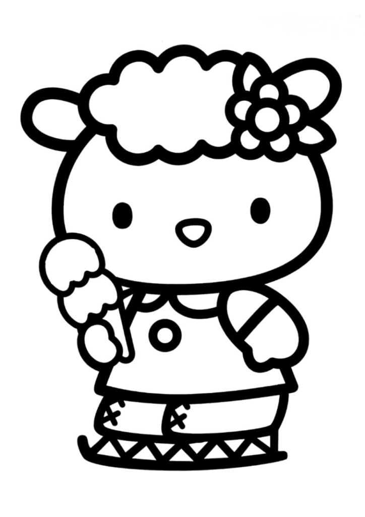 Coloriage de Fifi, une amie de Hello Kitty, mouton avec une toison bouclée, une fleur dans les cheveux et une glace à la main, dessin noir et blanc à colorier
