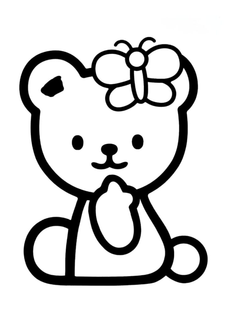 Coloriage d'un petit ourson Tiny Chum de l'univers Sanrio assis avec un papillon posé sur la tête, dessin kawaii noir et blanc à colorier pour enfants