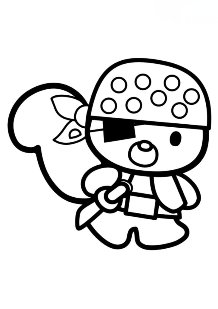 Coloriage du personnage kawaii Rory de l'univers Hello Kitty en tenue de pirate avec cache-œil noir et bandana, dessin noir et blanc à colorier
