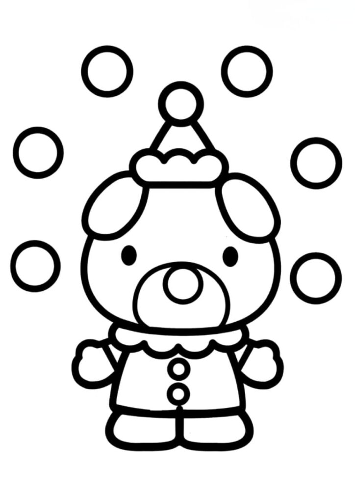 Coloriage du personnage Jodie amie de Hello Kitty habillé en clown avec chapeau pointu et balles de jonglage autour de lui, dessin noir et blanc pour enfants