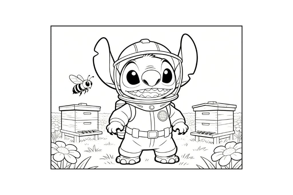 Coloriage Stitch apiculteur avec abeilles et ruches, dessin éducatif nature à imprimer pour enfants