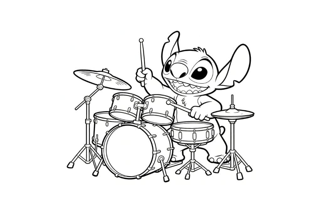 Coloriage Stitch musicien jouant de la batterie, dessin amusant à imprimer pour enfants fans de musique