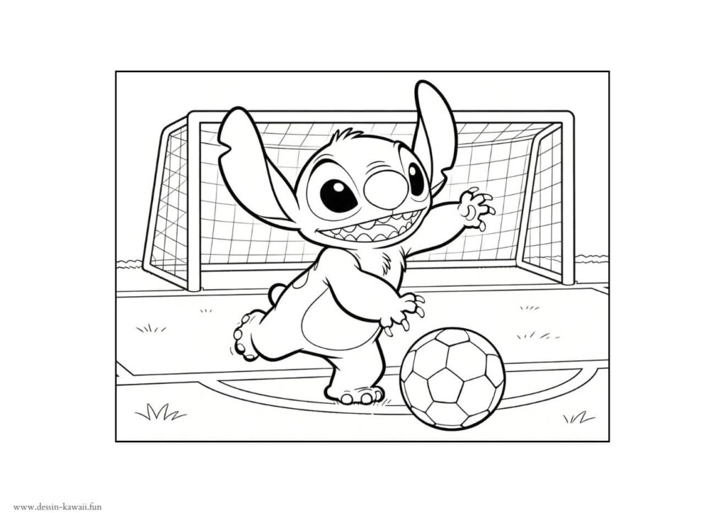 Coloriage Stitch qui joue au football devant un but, coupe du monde, à imprimer gratuitement