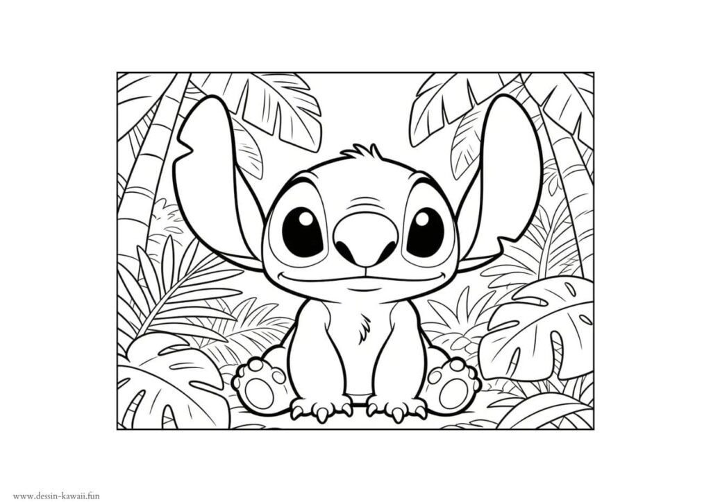 Coloriage Stitch assis entouré de feuilles tropicales et de bambous, à imprimer gratuitement