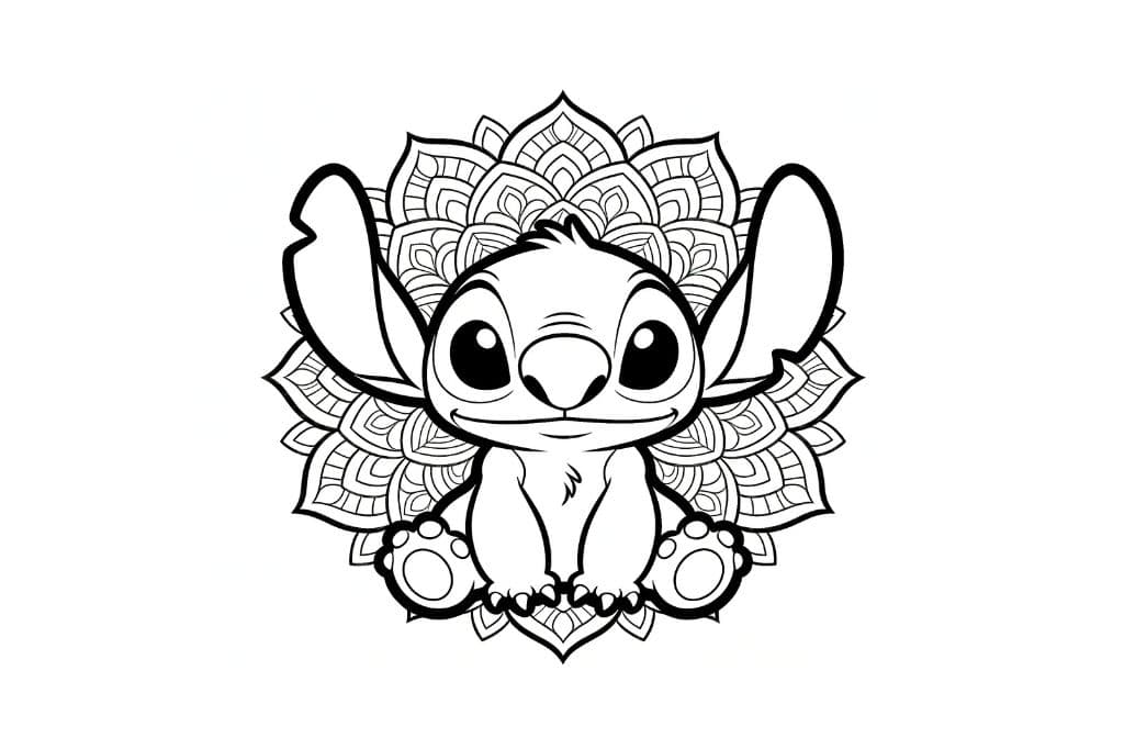 Coloriage Stitch mandala kawaii à imprimer, dessin zen avec motifs floraux détaillés pour enfants et adultes