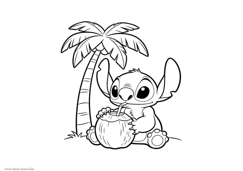 Coloriage Stitch assis sous un palmier en train de boire dans une noix de coco, à imprimer gratuitement