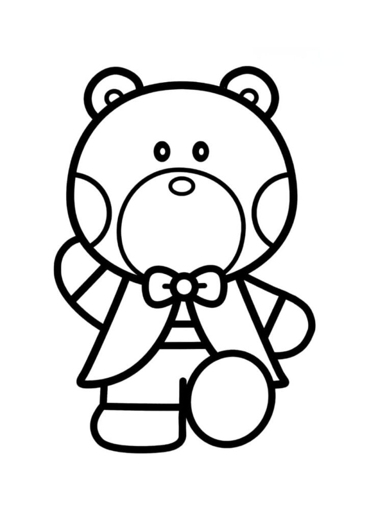 Coloriage Tippy, le petit ours brun de l'univers Sanrio Hello Kitty, assis avec un nœud papillon et tenant une balle, dessin à colorier pour enfants
