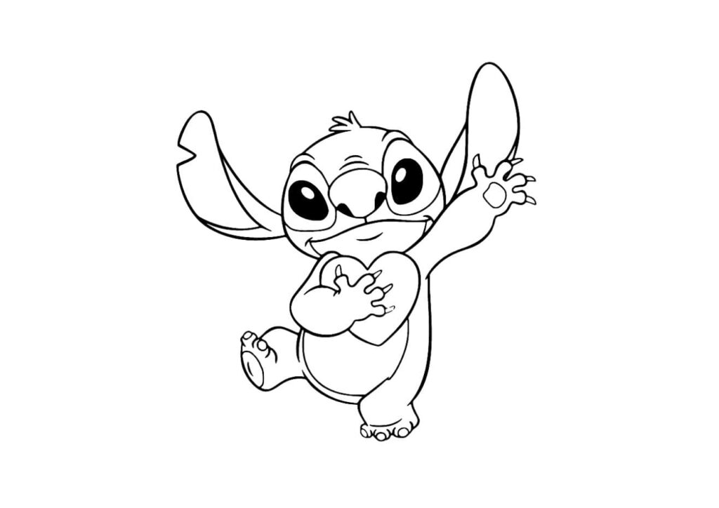 Coloriage Stitch debout serrant un grand cœur contre lui avec un sourire complice, à imprimer gratuitement