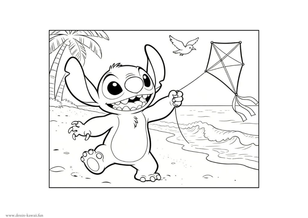 Coloriage de Stitch courant sur la plage en tenant un cerf-volant avec des palmiers et des vagues en arrière-plan, à imprimer gratuitement