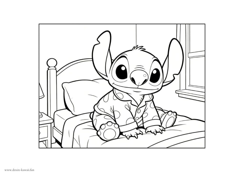 Coloriage de Stitch habillé en pyjama à pois assis sur un lit dans une chambre, à imprimer gratuitement pour enfants