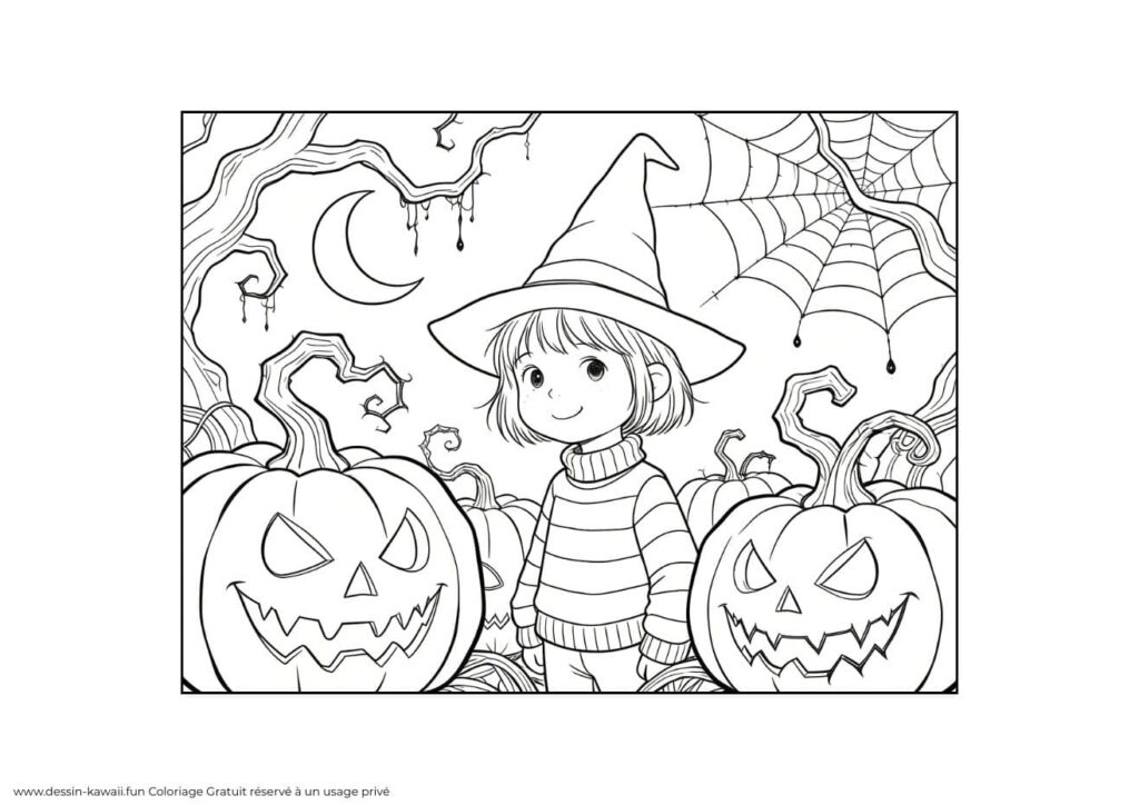 coloriage halloween petite fille sorcière avec grand chapeau entourée de citrouilles effrayantes et toile d'araignée sous la lune
