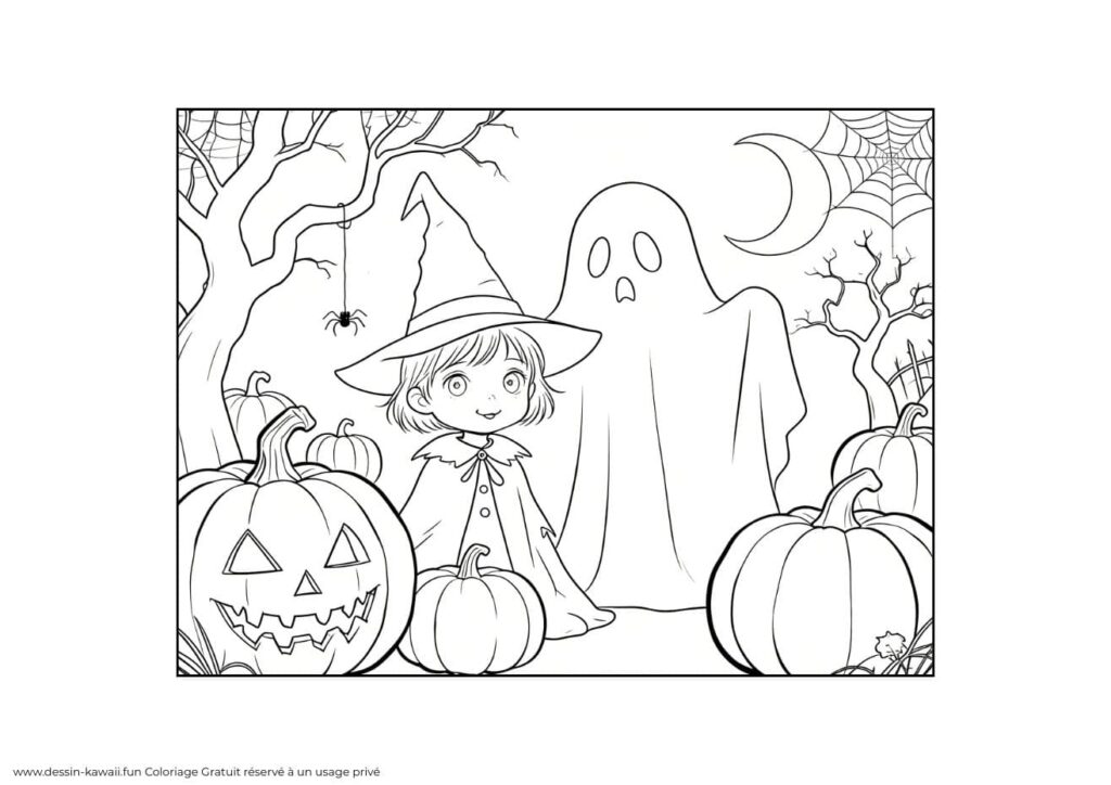 coloriage halloween petite sorcière avec cape à côté d'un fantôme mignon entouré de citrouilles et araignée pour halloween