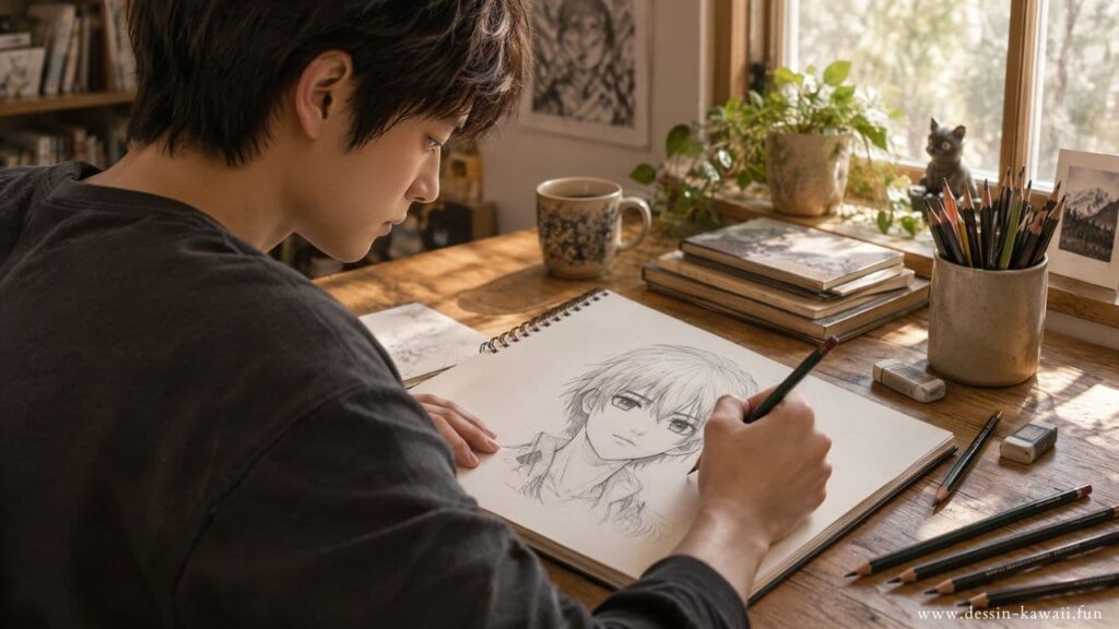 Débutant en train de dessiner un visage manga dans son carnet de croquis