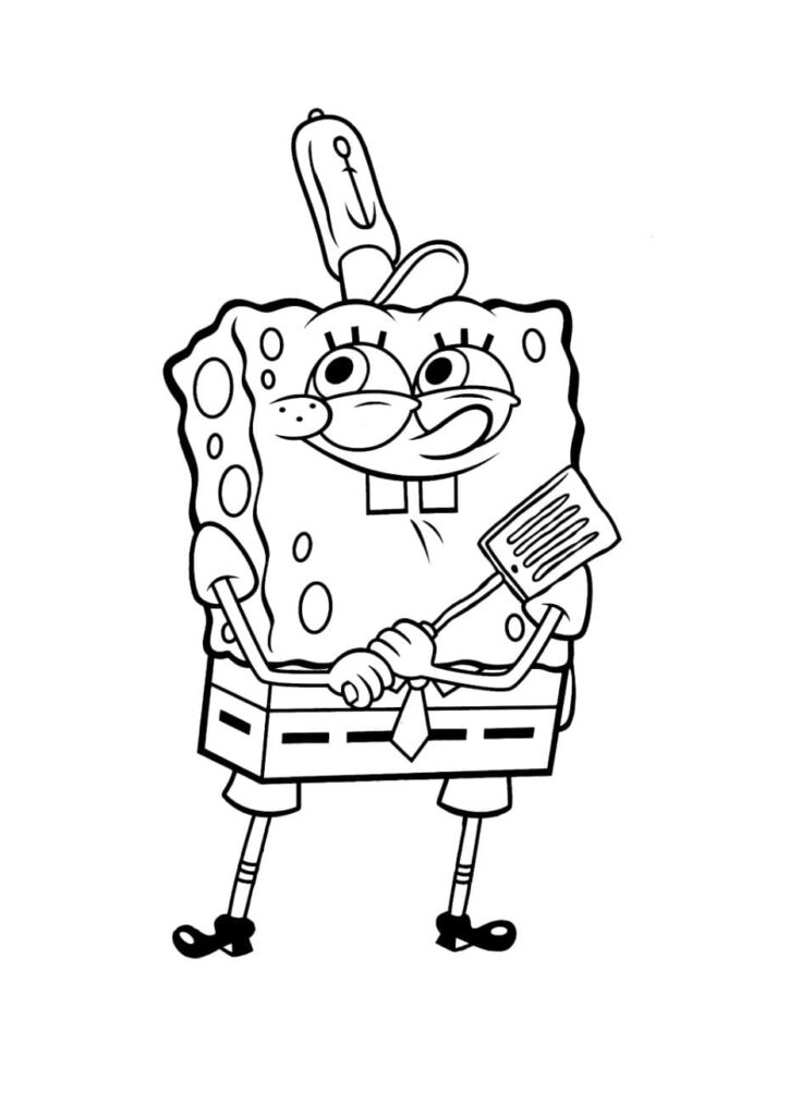 coloriage bob l’éponge souriant avec une spatule et sa toque de cuisinier