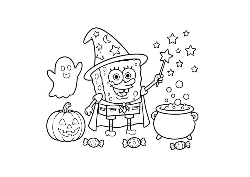Coloriage Halloween en noir et blanc : Bob l'éponge en chapeau de sorcier étoilé lance des étoiles avec sa baguette, entouré d’un chaudron, d’une citrouille souriante, d’un fantôme et de bonbons.