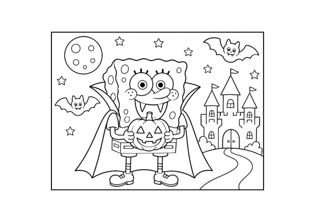 Coloriage Halloween en noir et blanc : Bob l'éponge déguisé en vampire avec une cape tient une citrouille sculptée, devant un château, sous la pleine lune, des étoiles et des chauves-souris.