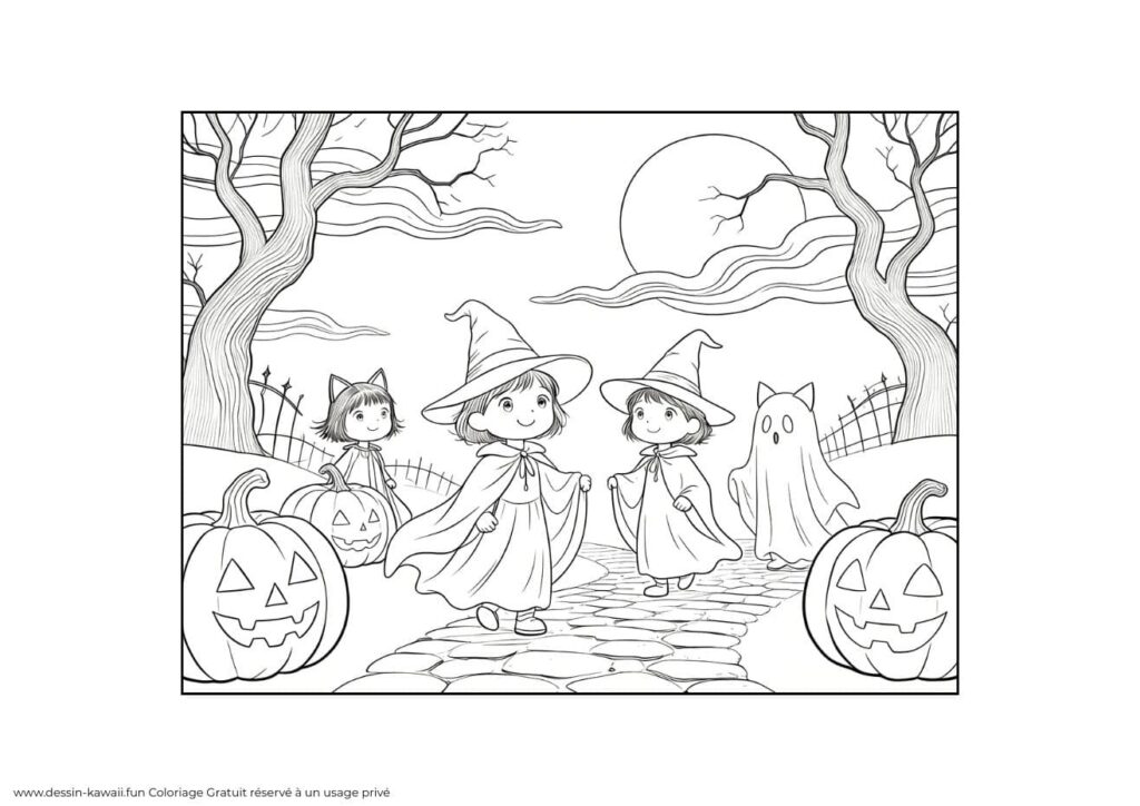 coloriage halloween enfants déguisés en sorcières et fantôme sur une allée bordée de citrouilles et d'arbres hantés