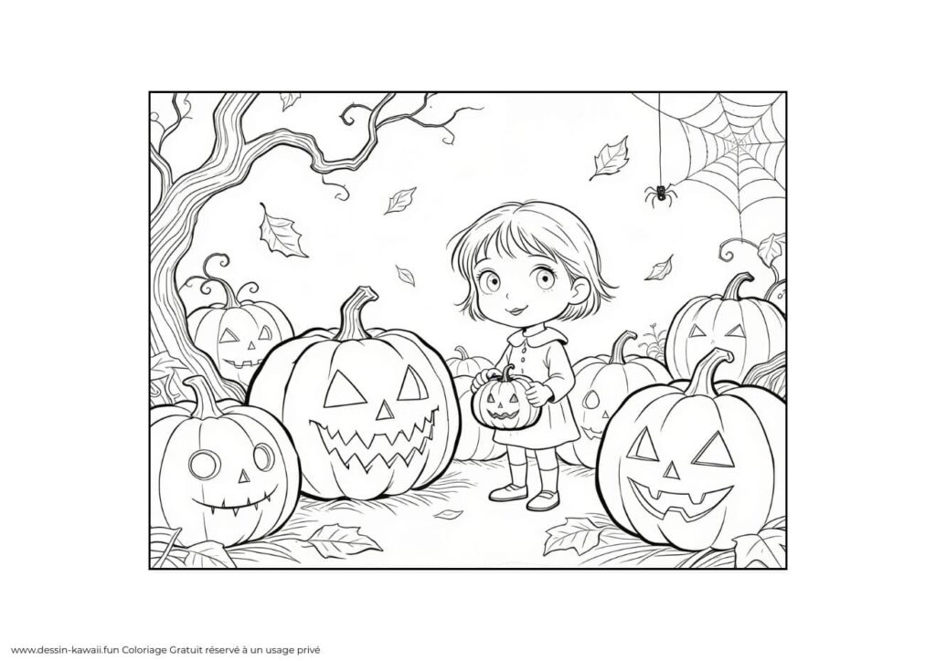 coloriage halloween petite fille tenant une citrouille entourée de jack-o'-lanterns et d'une toile d'araignée