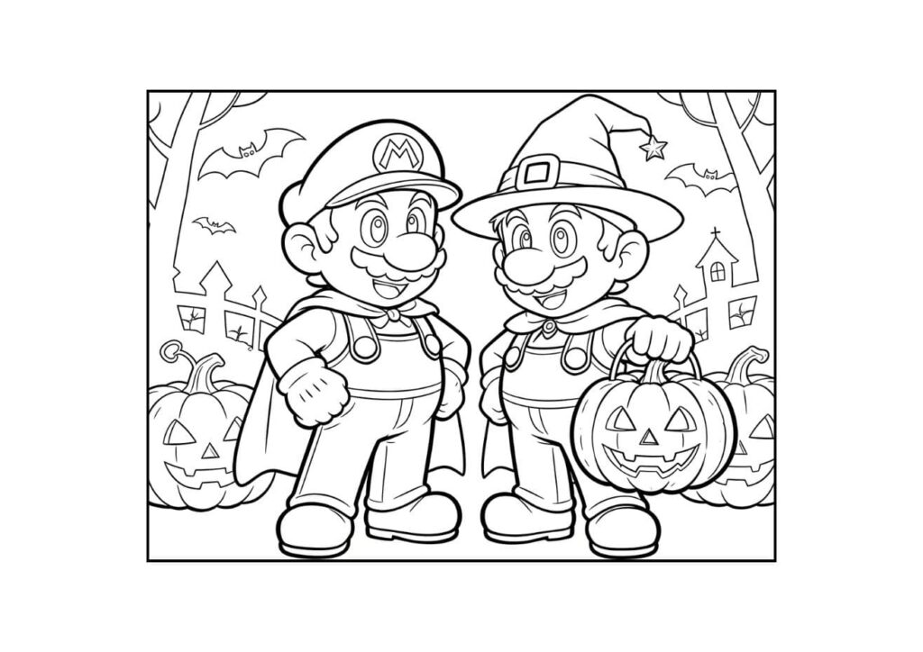Coloriage Halloween en noir et blanc : Mario et Luigi l’un avec une casquette, l’autre avec un chapeau de sorcier portant un panier citrouille, devant des arbres, des chauves-souris et une maison hantée.