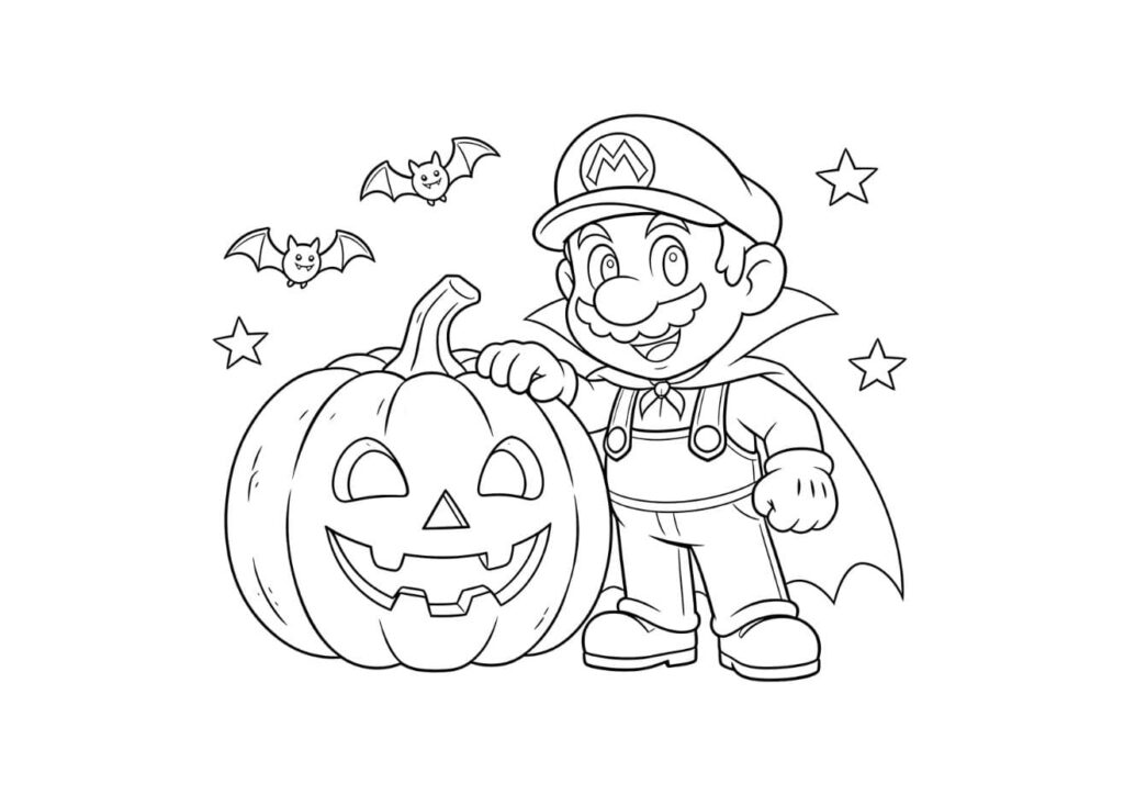 Coloriage Halloween en noir et blanc : Mario avec une casquette et moustache déguisé en vampire avec une cape pose la main sur une grande citrouille sculptée, avec deux chauves-souris et des étoiles.