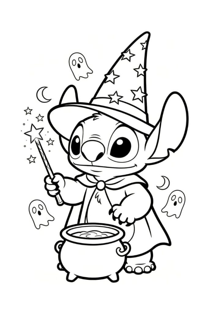 coloriage halloween stitch apprenti sorcier avec baguette magique et chaudron entouré de fantômes et de lunes