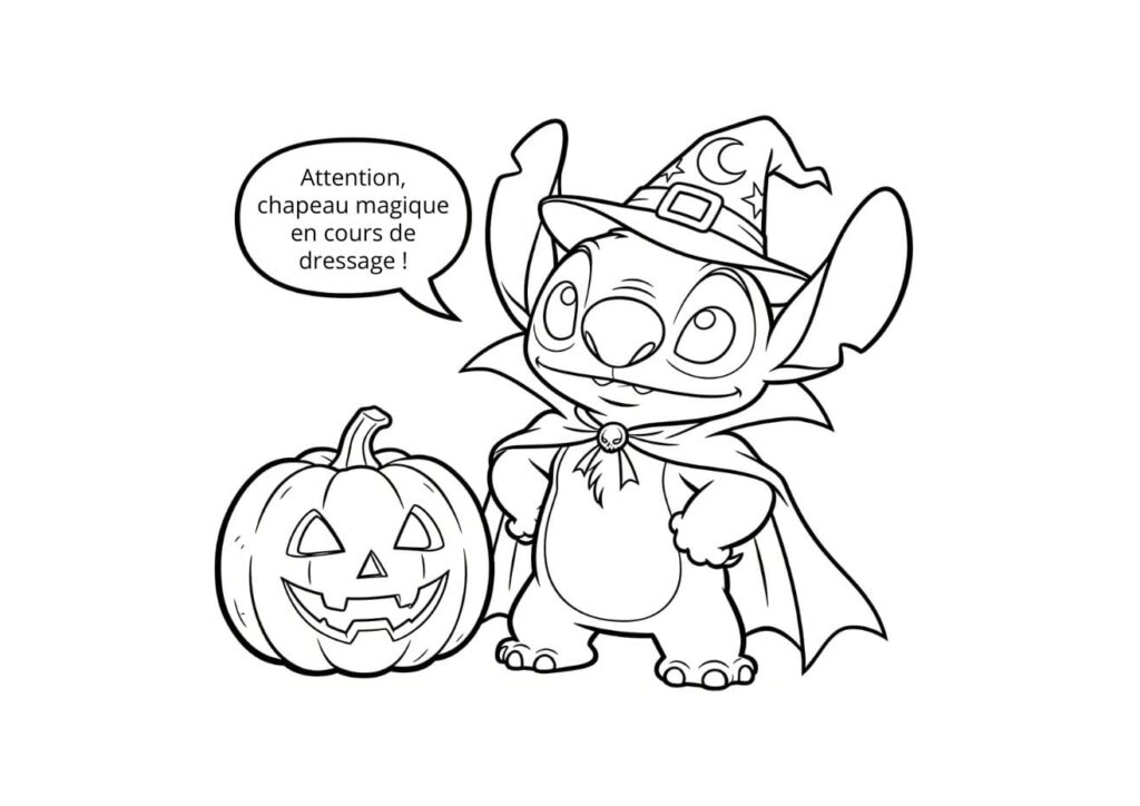 coloriage halloween stitch déguisé en sorcier avec cape à côté d'une citrouille et bulle de dialogue drôle
