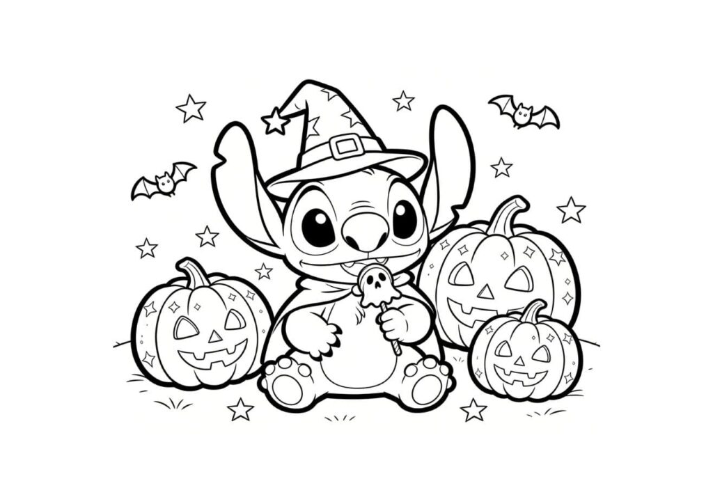 coloriage halloween stitch avec chapeau de sorcier tenant une sucette fantôme entouré de citrouilles et chauves-souris