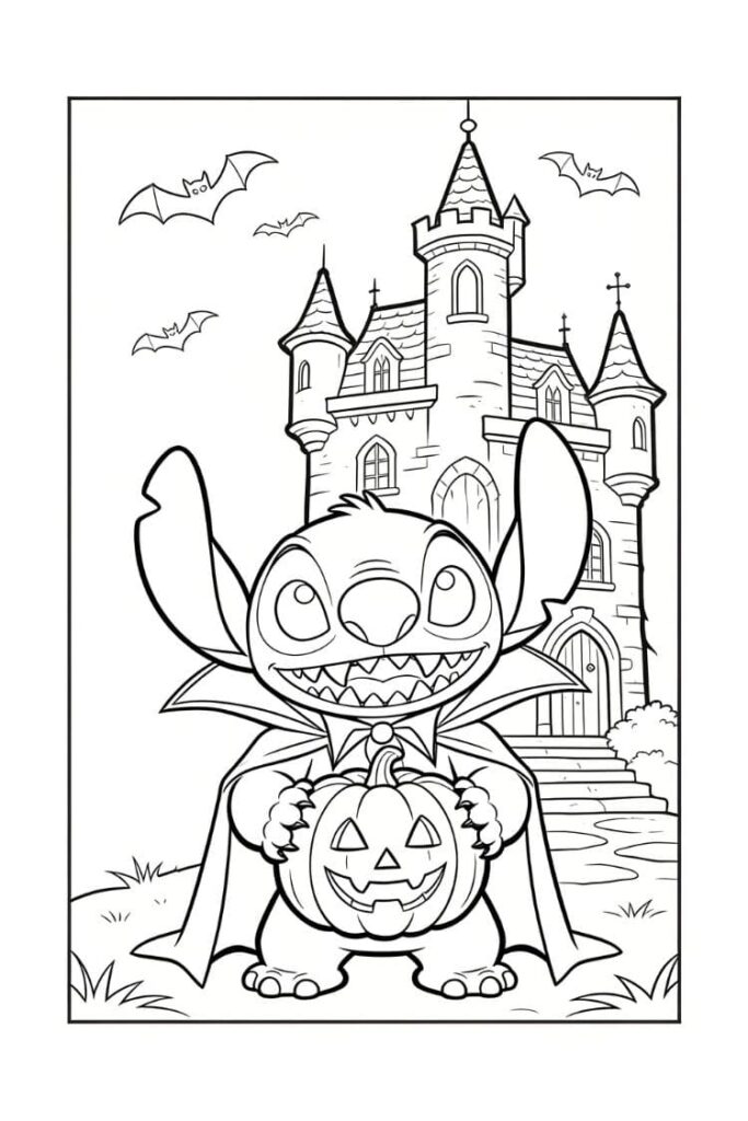 coloriage halloween stitch déguisé en vampire tenant une citrouille devant un château hanté avec chauves-souris