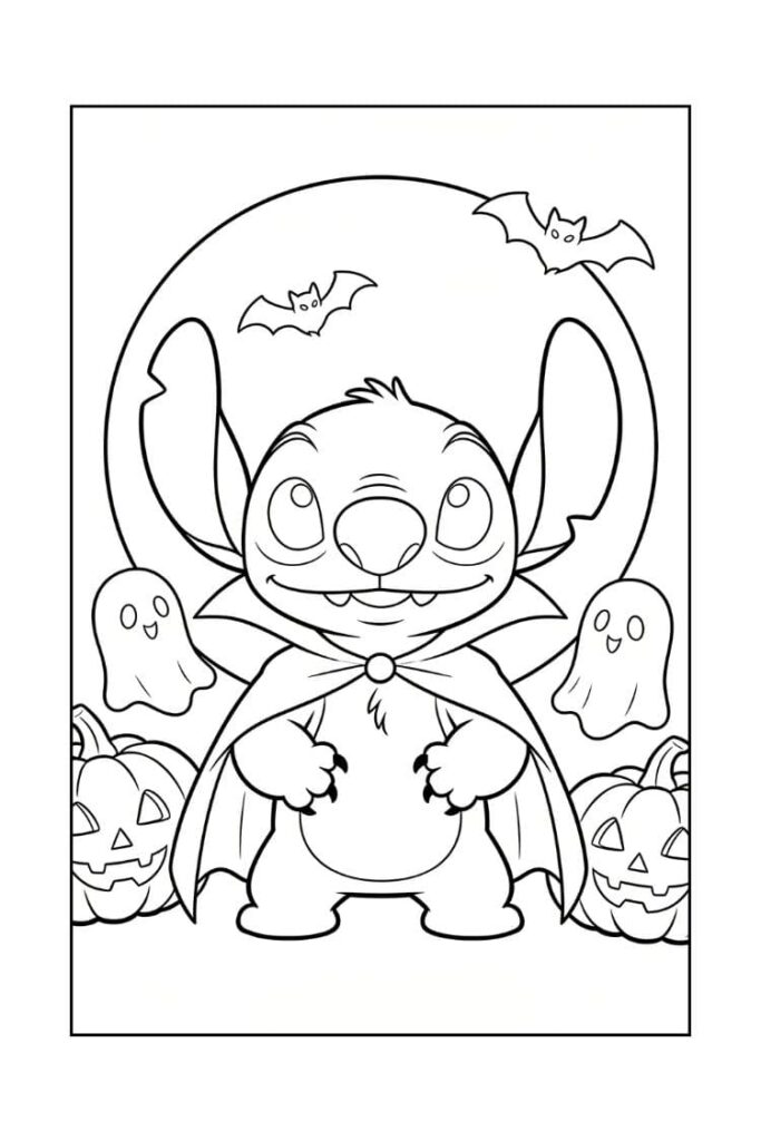 coloriage halloween stitch en cape de vampire sous la pleine lune avec fantômes, citrouilles et chauves-souris
